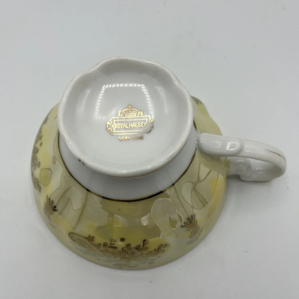 Vintage LM Royal Halsey Very Fine Cup Saucer Pink Roses‎ Yellow Lusterware Gold